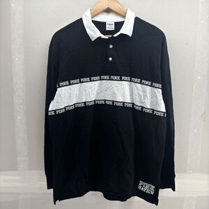 Victorias Secret Pink Nation Long Sleeved Rugby Polo Shirt Womens L Black White